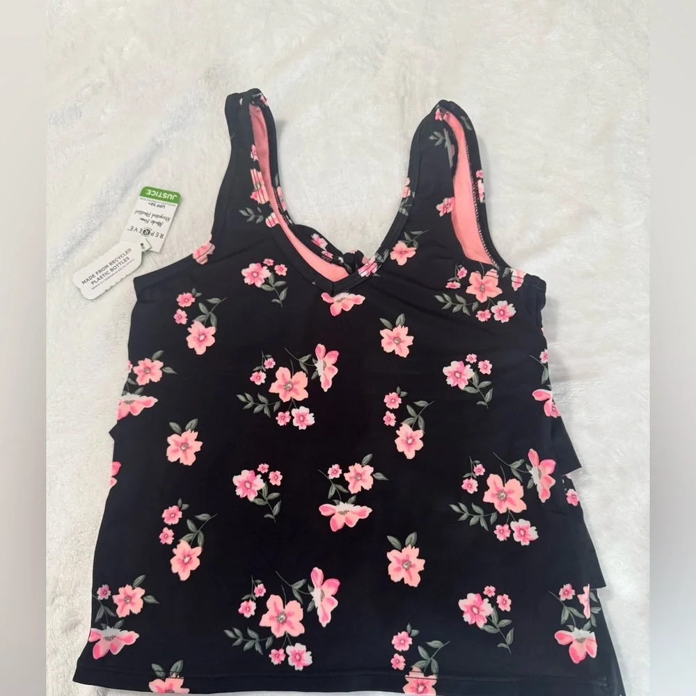 JUSTICE Girls Swimsuit Tankini Black Floral Bikini Size 12